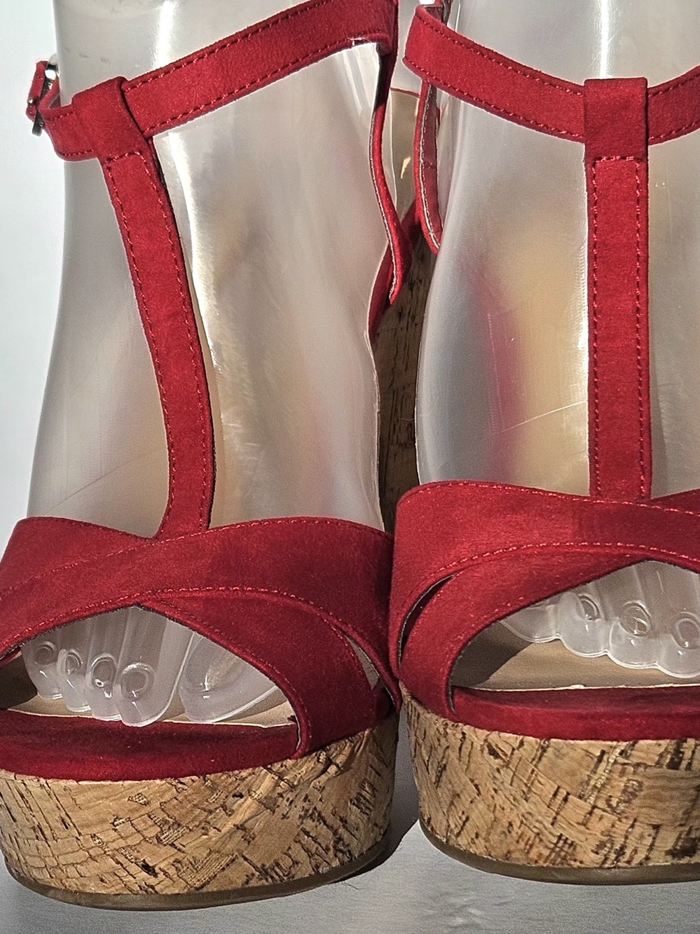 American Rag Cie Red Faux Suede Platform Wedge Sandals Cork Heel Size 10W Wide - Picture 8 of 13